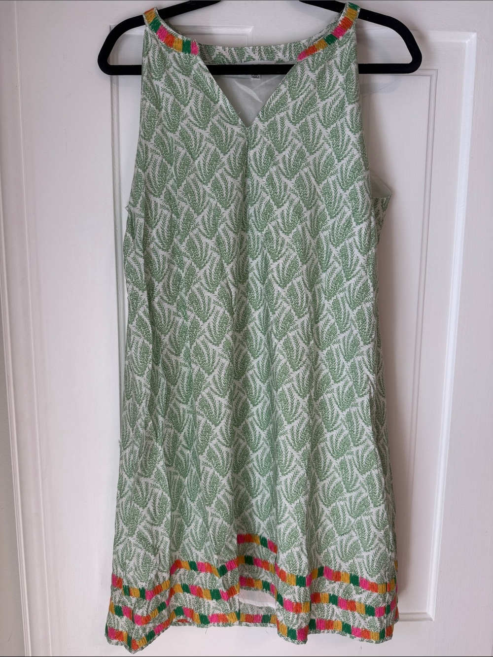 THML Green Leaf Print Sleeveless Dress with Colorful Trim